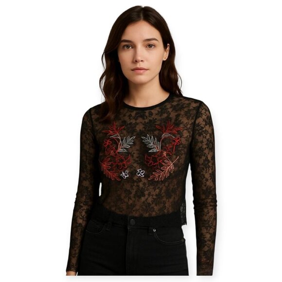 Zara Black Semi-Sheer Lace Bird Print Crop Top EUC size S - Picture 7 of 7
